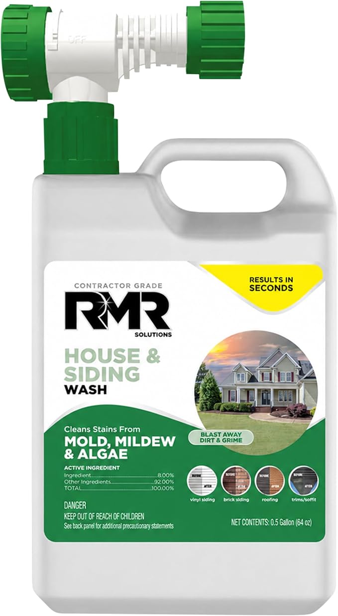 RMR House and Siding Wash - Commercial-Grade Outdoor Stain Remover for Mold, Mildew, and Algae, 64 Ounce Bottle With Hose-End Adapter