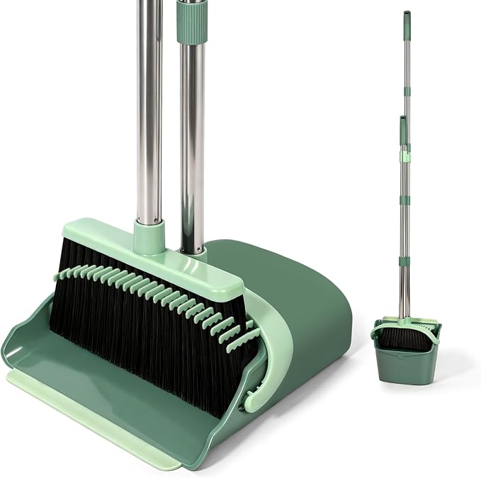 YZO Broom and Dustpan Set, 54.33 Inch Long Handle Standing Design, Dustpan Front Rubber Tight Seal, Broom with 5 Layer Bristles, Suitable for Living Room, Bedroom, Yard, Office (Green)