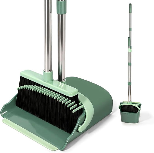 YZO Broom and Dustpan Set, 54.33 Inch Long Handle Standing Design, Dustpan Front Rubber Tight Seal, Broom with 5 Layer Bristles, Suitable for Living Room, Bedroom, Yard, Office (Green)