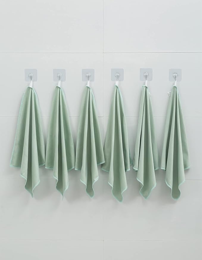 Puomue 6 Pack Microfiber Glass Cleaning Cloth, 16 Inch X 16 Inch, Lint Free Quickly Clean Window, Glasses, Windshields, Mirrors, and Stainless Steel, Green
