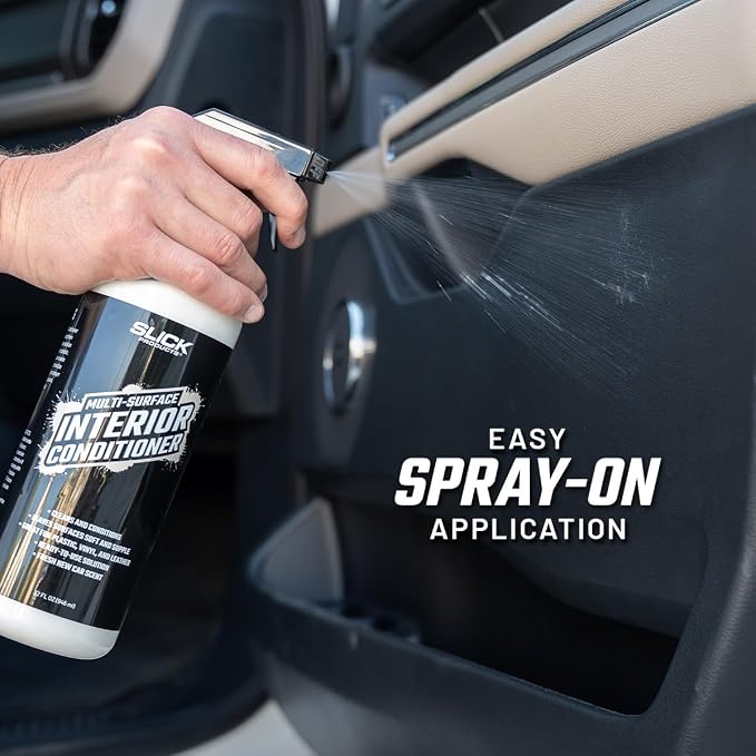 Slick Products Multi-Surface Interior Conditioner – Cleans & Conditions Vinyl, Plastic & Leather – Non-Greasy Car Interior Cleaner & Protectant – Fresh New Car Scent – 16 oz.