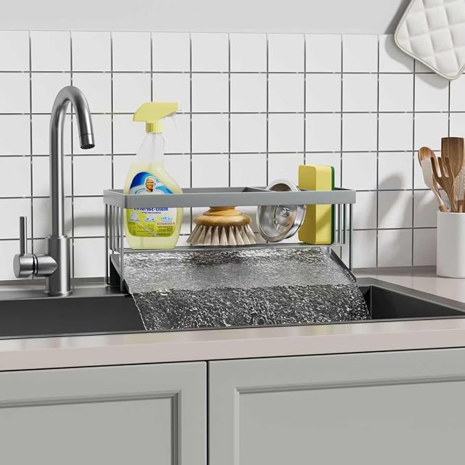 Kitchen Sink Caddy Organzier with Sponge Holder and Removable Drip Tray for Kitchen Sink, 304 Stainless Steel Organize for Sponge Soap Dish Brush Storage Accessories(Silver)