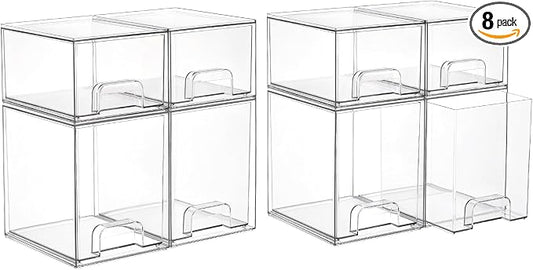 Vtopmart Stackable Storage Drawers Set of 8, Clear Plastic Organizer Bins for Baby Bottle, Beauty Supplies Storage, Ideal for Kichen Countertop, Vanity, Bathroom, Cabinet, Pantry Organization