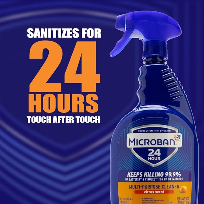 MICROBAN Multi-Purpose Cleaner, 32 oz., 2 Pack, Citrus, Penetrates Soap Scum, Greasy Soils and Reduces Odors, Keeps Killing 99.9% of Bacteria and Viruses for up to 24 Hours