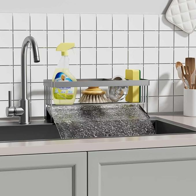 Kitchen Sink Caddy Organzier with Sponge Holder and Removable Drip Tray for Kitchen Sink, 304 Stainless Steel Organize for Sponge Soap Dish Brush Storage Accessories(Grey)