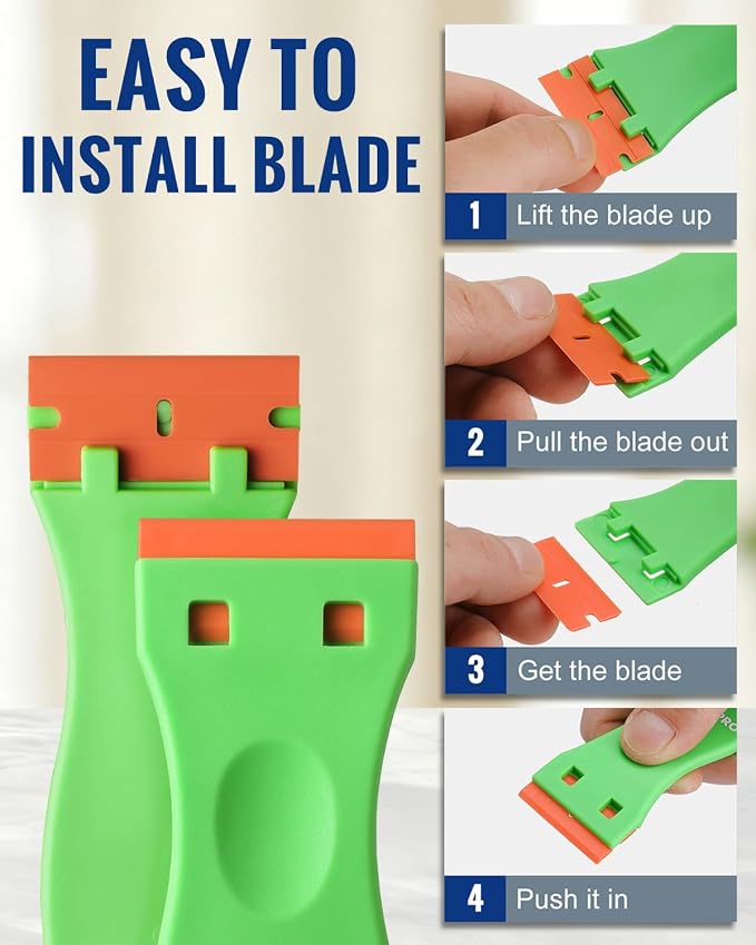 WORKPRO Plastic Razor Blade Scraper Kit, 6 Scrapers with 120 Blades | Safer Plastic Blade Design, Helps Reduce Scratches, Removes Stickers, Labels, Glue & Residue from Glass, Windows & More