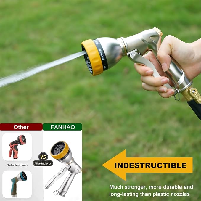 FANHAO Heavy Duty Metal Garden Hose Nozzle, High Pressure Sprayer Leakproof | 7 Adjustable Spray Patterns, Rustproof Zinc Alloy, Hands-Free Lock, Shockproof Bezel Water Nozzle for Lawn, Plant, Car & Pet