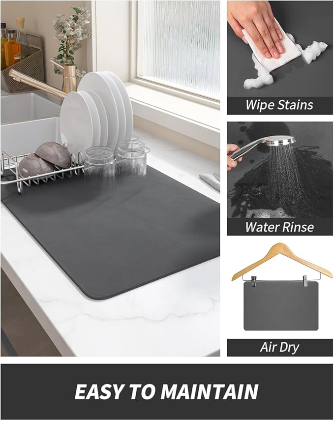 AMOAMI Coffee Mat Dish Drying Mat for Kitchen Counter-Bar Accessories, Hide Stain, Rubber Backed, Absorbent, Fit Under Coffee Maker, Espresso Machine, Pot, Dish Rack, 12"x19", Dark Grey
