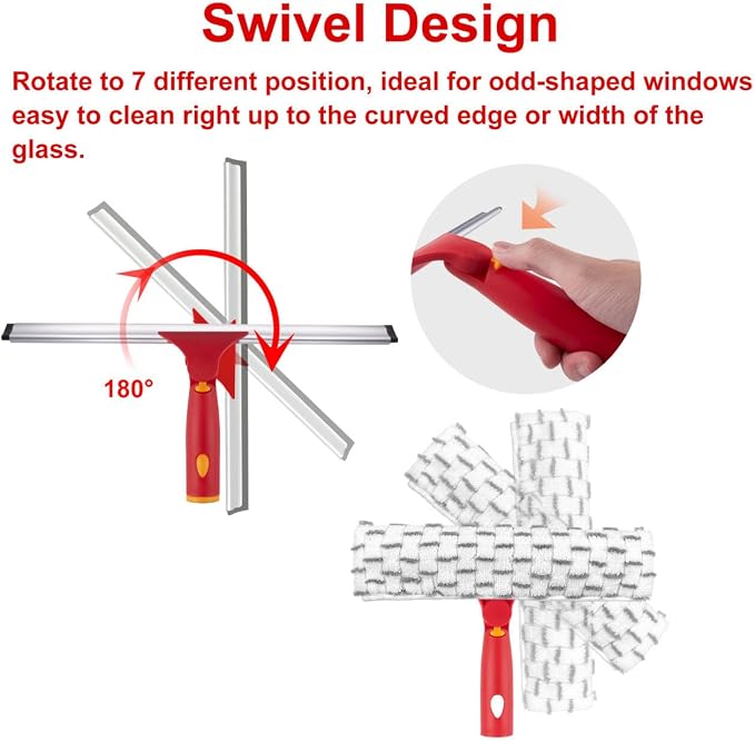 Squeegee for Window Cleaning, 12" Squeegee and 11" Microfiber Scrubber Combi with Stainless Steel Pole, Extendable Window Cleaner for Car, Sliding Door, Shower Glass Door-Swivel Style-2 Pads