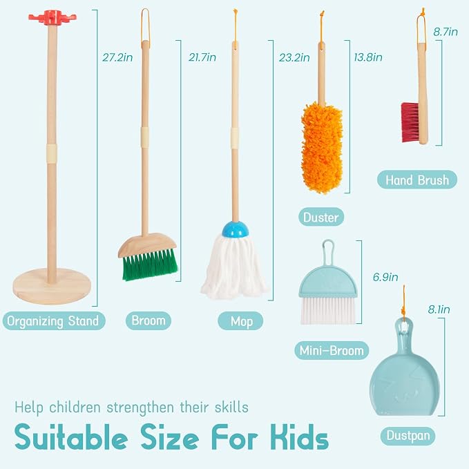 Kids Cleaning Set, Housekeeping Play Broom Set for Toddlers 3-8 | Include Broom Mop Duster Dustpan Brushes Rag,Organizing Stand,Cleaning Toys Gift for Girls Boys,Solid Beech Wood