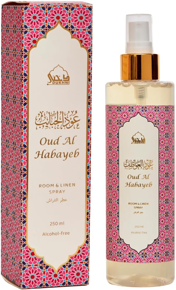 Oud Al Habayeb Rose Spray by Dukhni | 250ml Arabic Oud Room Spray for Home | Rose & Oud Linen Spray for Home, Prayer Mats, Bed, Sofa, Living Room, Curtain, Car | Room Freshener, Odour Eliminator