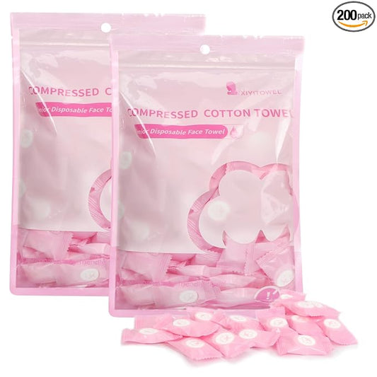 Classycoo Compressed Towel 200 PCS Mini Tablets Disposable Portable Face Towel Cotton Coin Tissue for Travel, Camping, Hiking, Sport, Beauty Salon, Home Hand Wipes and Other Outdoor Activities Pink