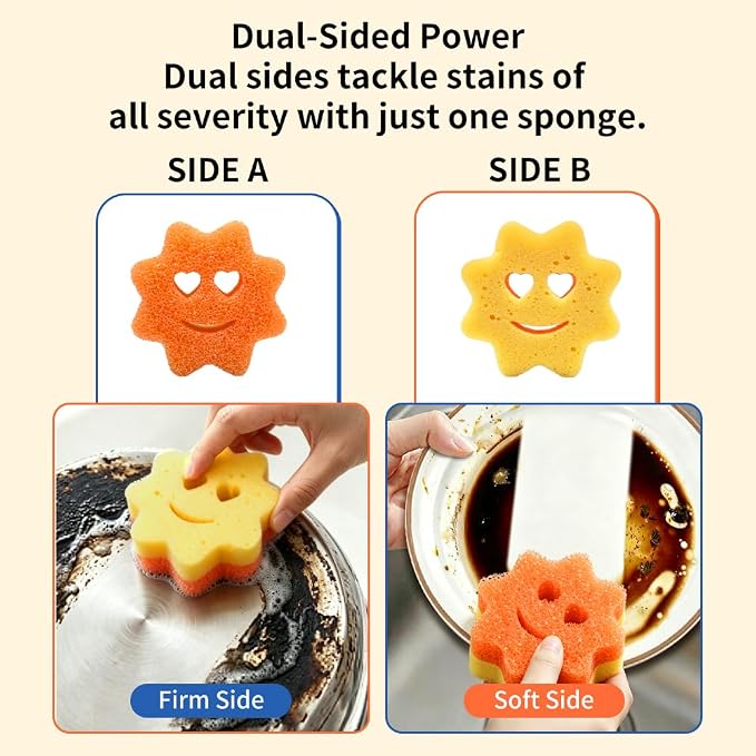 8 Pack Scrub Sponges, BIH Smile Dual-Sided Dish Sponge, 2 Shapes Temperature Sensitive Non Scratch Kitchen Sponges for Kitchen, Bathroom, Windows & All Household Surfaces, Stain & Odor Resistant