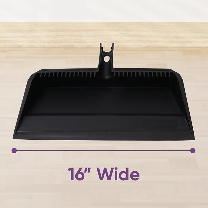 Superio 2-Pack Wide Plastic Dustpan with Comb - 16" Wide, Rubber Lip, Broom Handle Clip, Black