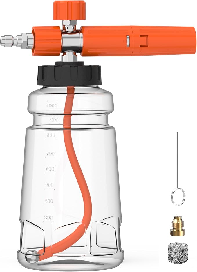 Foam Cannon for Pressure Washer with 1/4" Quick Connector, Wide Mouth Foam Cannon, Adjustable Soap Cannon for Car Wash, Additional 1.1mm Orifice Nozzle (Orange)