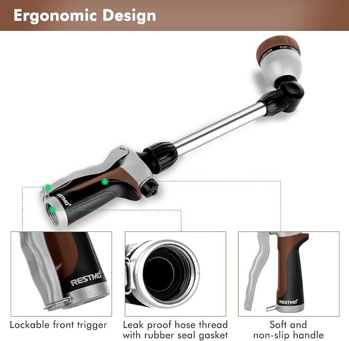 RESTMO Heavy Duty Metal Hose Wand, Watering Wand for Garden Hose | 180° Swivel Ratcheting Head, 16'' Hose Sprayer, 7 Spray Patterns, Flow Control, Ideal for Hanging Baskets & Shrubs, Brown