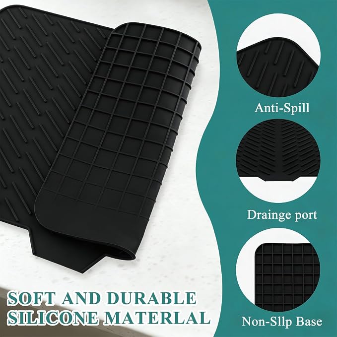 Silicone Dish Drying Mat for Kitchen Counter,23"X17" With Built-in Drain Lip,Food-Grade Silicone, Heat-Resistant Eco-friendly Hygienic Drying Mat Leak-Proof and Non-Slip, Multi-Functional Use（Black）