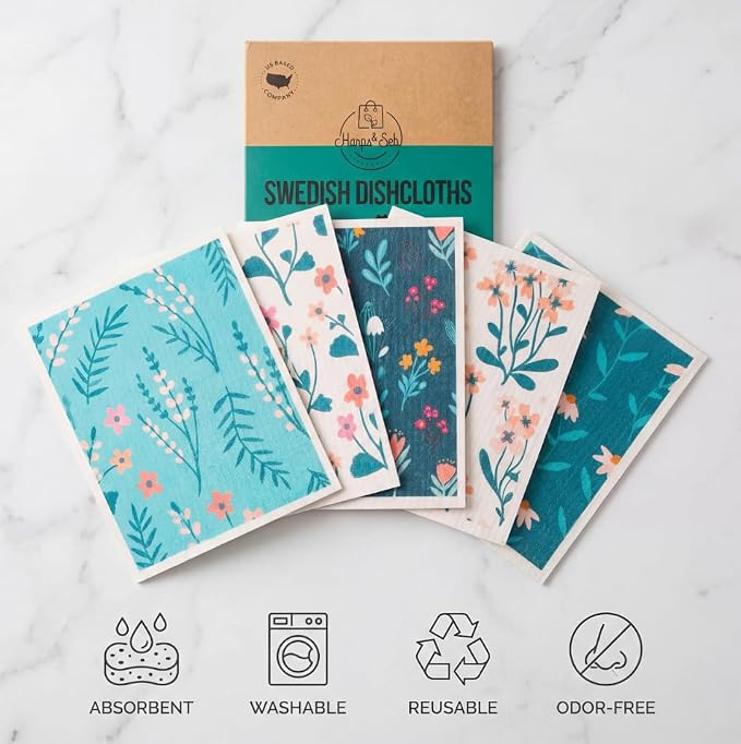 Harps&Seb Swedish Dishcloths for Kitchen Dish Towels - 5 Pack, Non-Scratch Reusable Paper Towels, Super Absorbent Washable Swedish Dish Cloths, No Odor, Biodegradable, Flower Designs