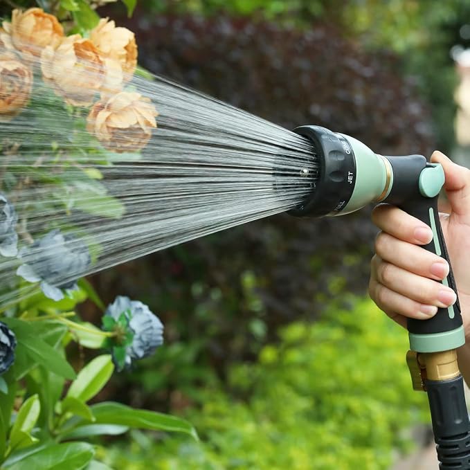FANHAO Heavy Duty Garden Hose Nozzle, Metal Hose Sprayer Easy Thumb Control | 8 Spray Patterns, Rustproof Water Nozzle, Non-Slip Ergonomic Grip, Elder & Child Friendly for Garden, Car & Pet, Light Green