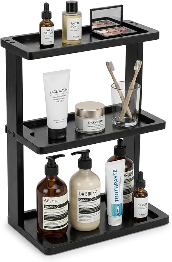 PEKER Bamboo Bathroom Organizer Countertop – Vanity Storage Shelf for Makeup, Perfume, Skincare – Natural Cosmetics Display Rack for Dresser, Sink, Kitchen – Black