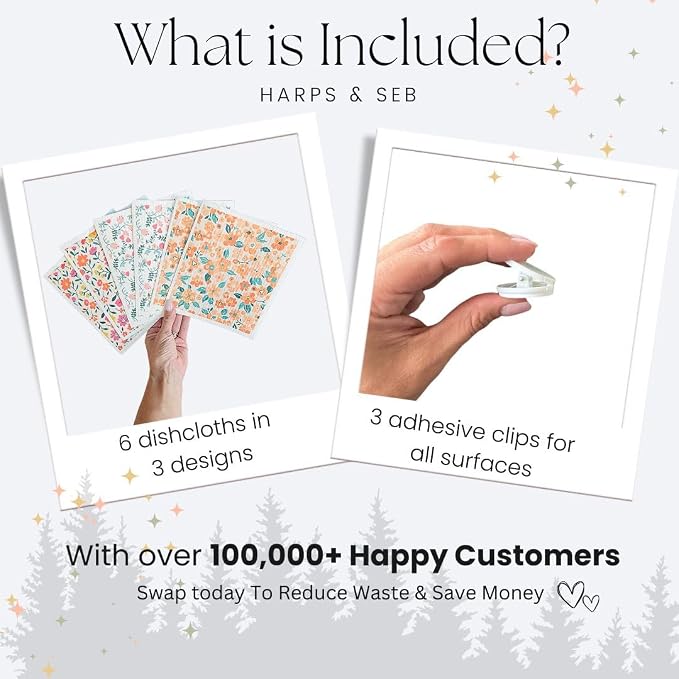 Harps&Seb Swedish Dishcloths for Kitchen Dishcloths - 6 Pack, Reusable Paper Towels with Clips, Super Absorbent Washable Non-Scratch Swedish Dish Towels, No Odor, Biodegradable
