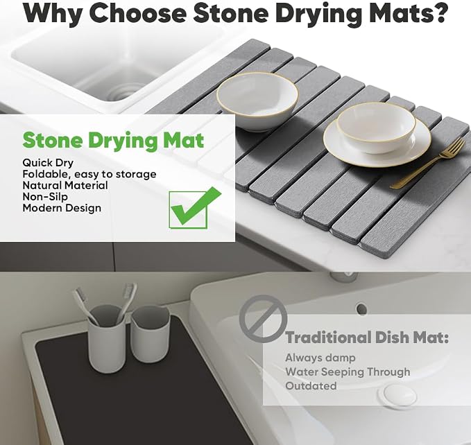 Stone Drying Mat for Kitchen Counter, Quick Diatomaceous Earth Mats for Dishes, 24"L x 16" W Super Absorbent Fast-Drying Collapsible Countertop Stone Mat (Light Grey, 24" x 16")