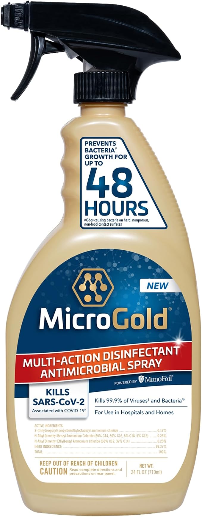 MicroGold Multi-Action Disinfectant Antimicrobial Spray Tested and Proven Effective to Kill the COVID-19 Virus, Kills 99.9% of Viruses and Bacteria, 24 Fluid Ounces, 1 Pack, Packaging May Vary