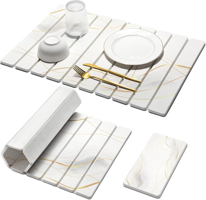 Large Stone Drying Mat for Kitchen Counter&Bathroom, Quick Dry Stone Dishes/Bathroom Mat, Foldable Drying Organizer Pad Suitable for Plate Rack Utensils, Apartment Essentials Decor(White Gold 24"×16")