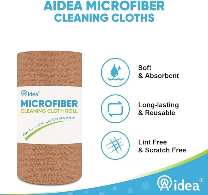 AIDEA Microfiber Cleaning Cloth Roll-55 Sheets, Cleaning Rags 11×9" Brown | Reusable Paper Towels, Microfiber Towels for Cars, Cleaning Towels for Automotive, Workshop, House,Kitchen, Cleaning Supplies