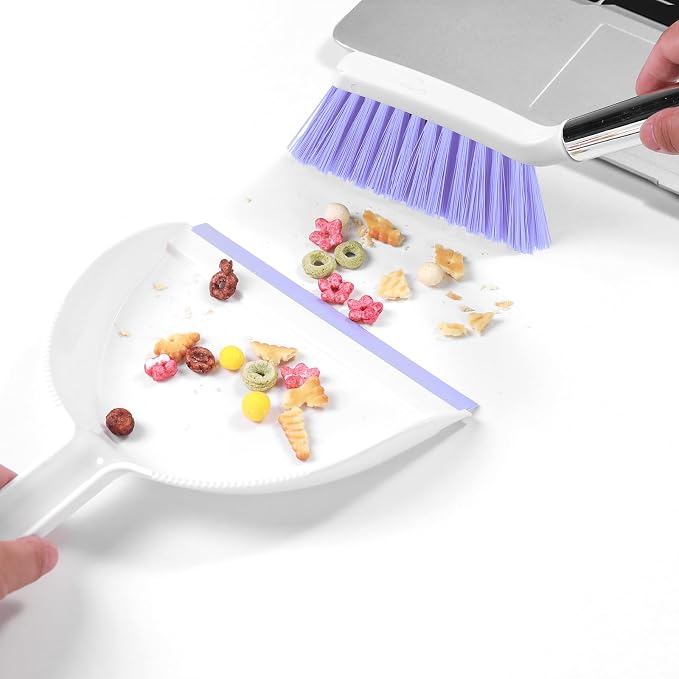 NACENA Mini Broom and Dustpan Set 2 Packs, Small Dust Pan and Brush Set with Handle Dustpan Teeth for Cleaning Hair Suitable for Office Desks Drawers Sofas Outdoor Camping, Light & Purple