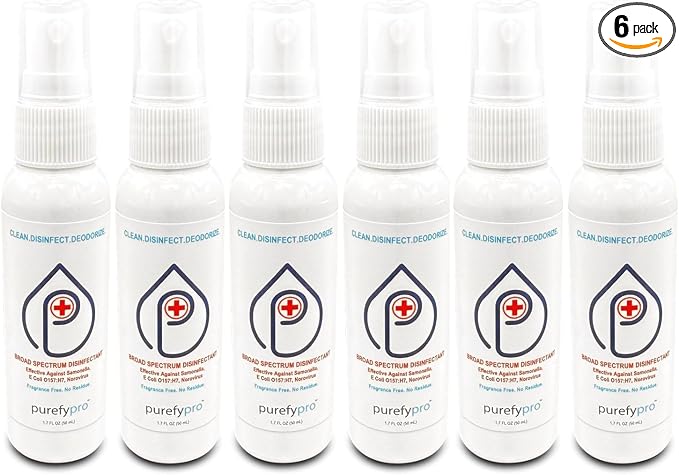 Purefypro Disinfectant Spray (1.7oz, 6 Pack) - No Rinse. No Residue. Kills 99.9999% Norovirus, HIV, Hepatitis, Flu, Monkeypox Virus, and Fungi, MRSA VRE, Drug Resistant Germs. (On The Go)
