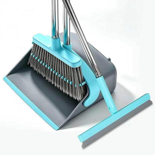 Broom with Dustpan Combo Set, Silicone Broom,Long Handle Broom with Upright Standing Dustpan, Squeegee - Broom for Indoor Cleaning 2+1,for Indoor Outdoor,Smooth Floors, Rugs
