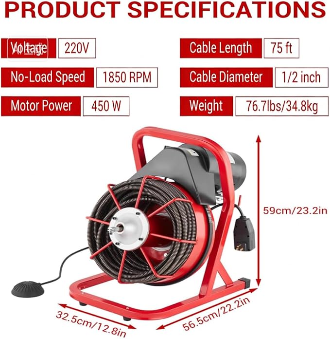Garvee 75FT x 1/2 Inch Drain Cleaner Machine, 400W Portable Drain Cleaning Machine Snake with 6 Cutters & Foot Switch for 1" to 4" Pipes, Heavy Duty Sewer Auger for Sinks, Toilets, Showers