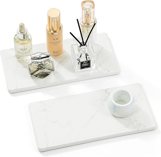 2PCS 10"x 5" Large Bathroom Sink Vanity Trays, Water Absorbing Diatomite Stone Quick Drying Mat for Kitchen Counter, Dish Rack Dispensers Sponge Holder Caddy Organizer, Marble White, 10"x 5"