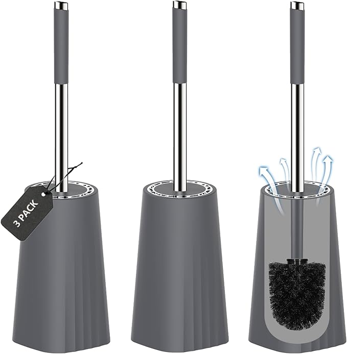 SetSail Toilet Brush, Compact Size Toilet Bowl Brush and Holder Toilet Brushes for Bathroom with Stainless Steel Handle Toilet Cleaner Brush with Durable Scrubbing Bristles, 3 Packs，Grey