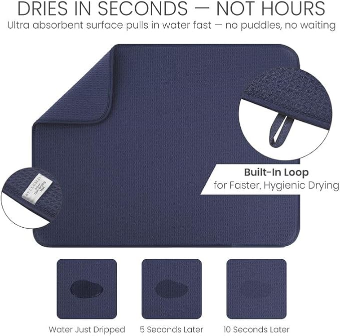 Bellemain XL Dish Mat Microfiber Dish Drying Mat, Super absorbent (Navy, 17" x 24")