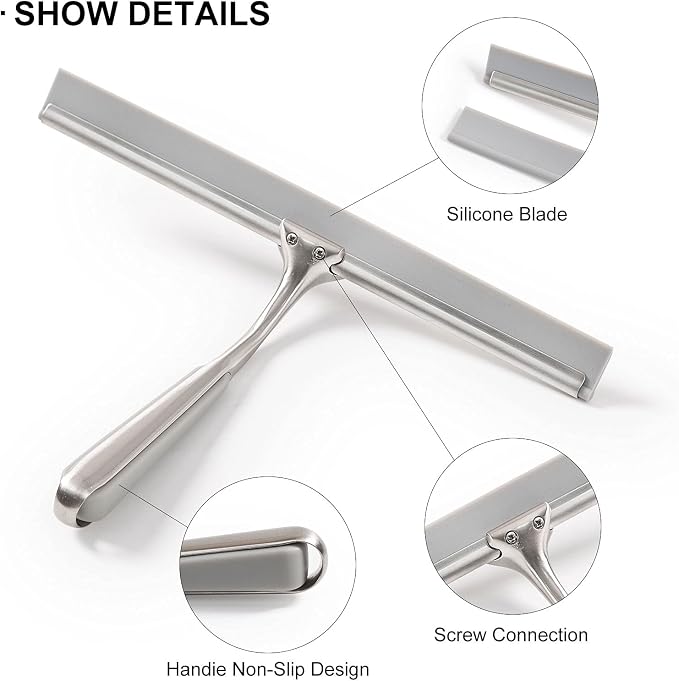 Shower Squeegee for Shower Doors 10 Inch Bathroom Squeegee for Windows,Kitchen,Mirror and Car Glass, Stainless Steel with Adhesive Hook