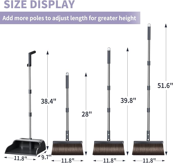 Broom and Dustpan Set, 51.6" Long Handle Broom with Dustpan Combo Set with Dustpan Teeth & Two Broom Heads, Brooms with Dust Pan for Sweeping Indoor Home Kitchen Office Lobby Pet Hair