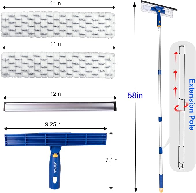 Squeegee for Window Cleaning with Extendable Pole, 53" 2-in-1 Window Cleaning Tool Kit, Shower Squeegee with Long Handle, Indoor/Outdoor High Window Cleaning-Two Pads