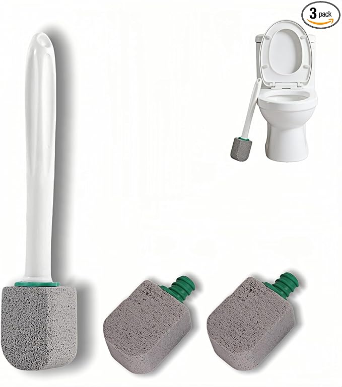 Pumice Stone Toilet Bowl Cleaner with Long Handle, 9.65 Inch, Includes 1 Handle and 3 Pumice Stones, Hard Water Stain Remover for Toilet, Bathtub, Tile, Grill