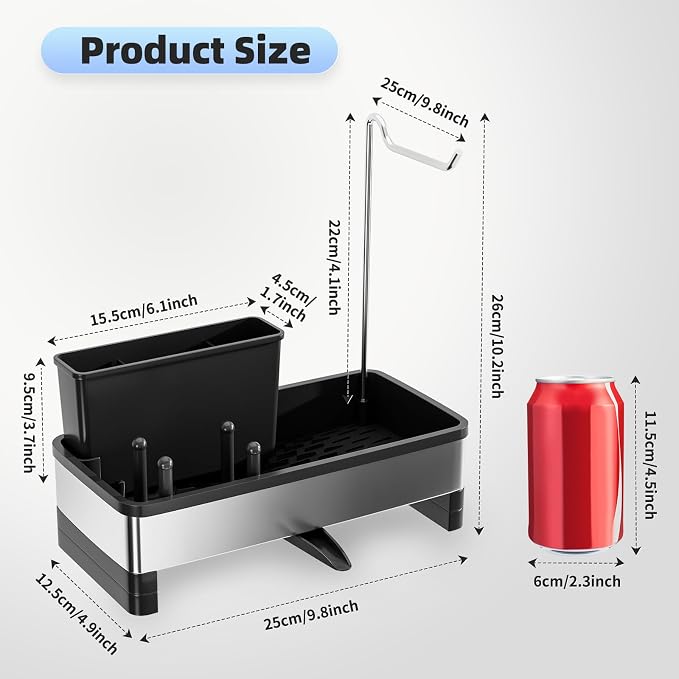 Ewaiira Sponge Holder for Kitchen Sink, Stainless Steel Sink Caddy with Brush Holder & Dishcloth Rack, Countertop Sink Organizer, Soap Dispenser Kitchen Organizers Storage Essentials (D-Black 9.8″)