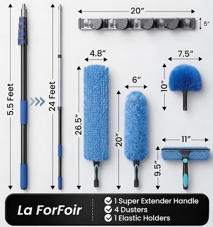 30ft High Ceiling Duster Kits with 5-24ft Heavy Duty Extension Pole - Fan Blade Cleaner, Cobweb Remover & Blue Window Squeegee Kit, Washable Dust Brush for High Roof and Glass Surfaces