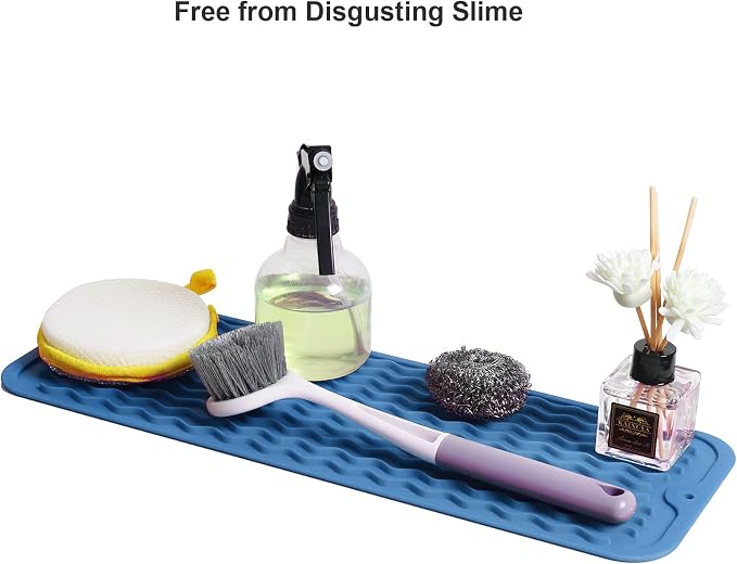 ZLR Small Dish Drying Mat (6" x 17" / 153 x 433mm) - Narrow Silicone Drainer for Kitchen Counter, Apartment & RV - Compact Sponge Holder & Sink Caddy Tray, Non-Slip Food-Grade Silicone (Lichen Blue)