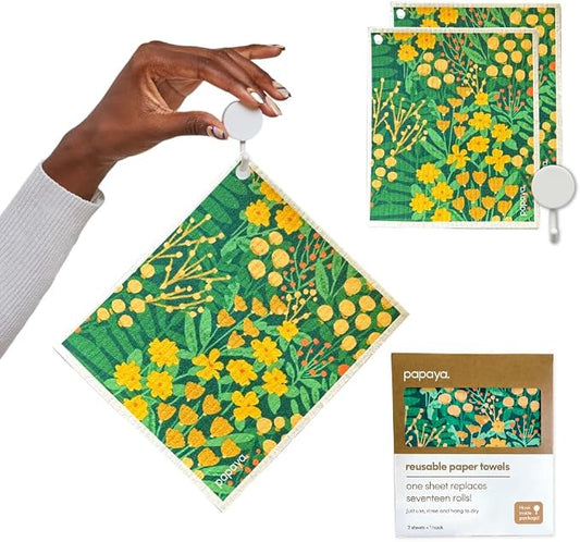 Papaya Swedish Dishcloths for Kitchen, 2 Reusable Paper Towels, 1 Hook