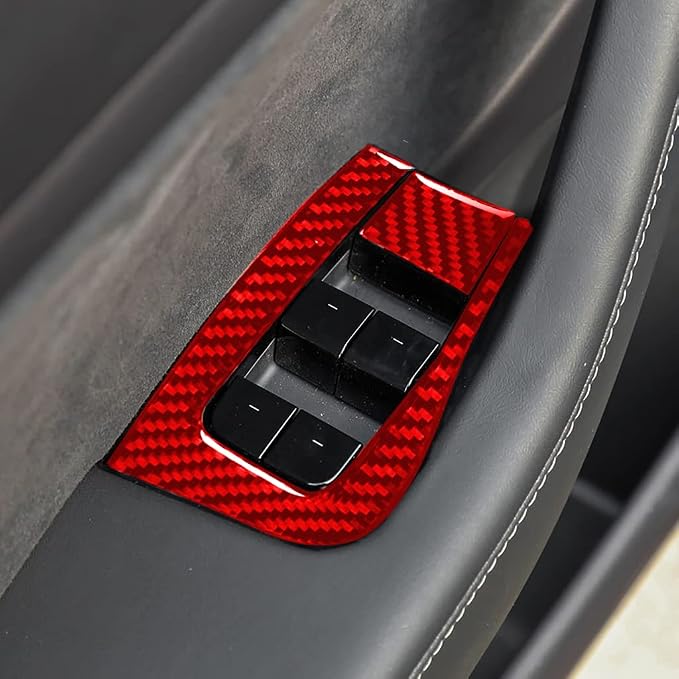 Red Real Carbon Fiber Trim for Tesla Accessories | for Model 3 2017-2022 / Model Y 2020-2024 Door Lifting Control Window Switch Panel Sticker Interior Thick Overlay Decal