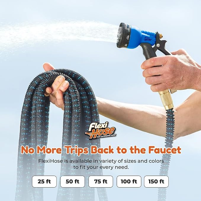 Flexi Hose Expandable Garden Hose with 8 Function Nozzle, 25FT - Lightweight Retractable Garden Hose, Water Hose - No-Kink Flexibility, 3/4 Inch Solid Brass Fittings and Double Latex Core