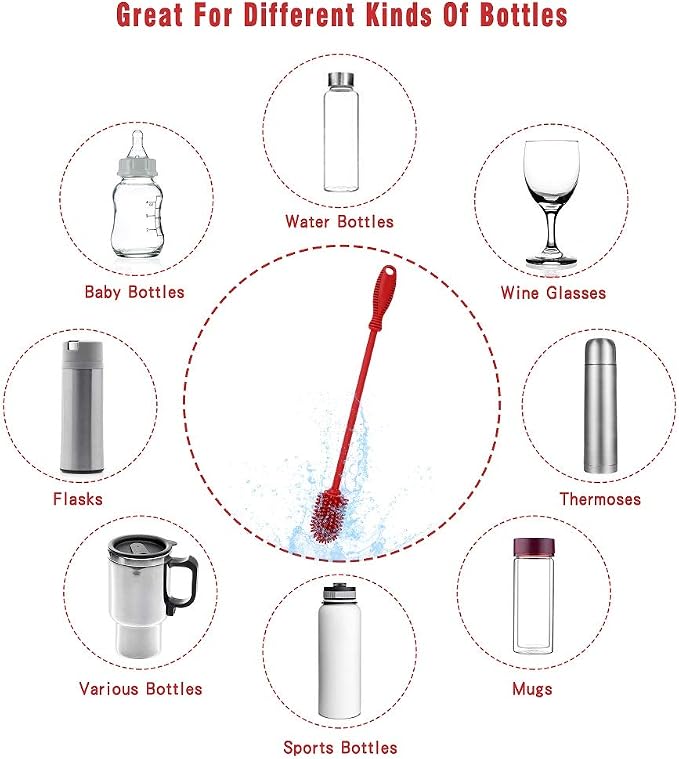 Silicone Bottle Cleaning Brush with Long Handle, BPA Free 12.5" Water Bottle Cleaner for Baby Bottles, Hydro Flask, Sports Bottle, Vase, Glassware, Perfect for Smaller Diameter Bottle Openings (Red)