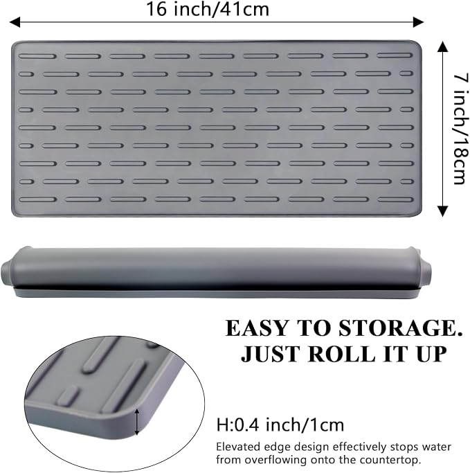 Silicone Coffee Mat, 16"X7" Heat-Resistant,Eco-friendly,Hygienic Drying Pad,Leak-Proof and Non-Slip,Removable Silicone Mat with Concave and Convex Design,（Gray 16X7）