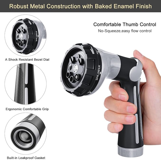 FANHAO Heavy Duty Garden Hose Nozzle, Metal Hose Sprayer Easy Thumb Control | 8 Spray Patterns, Rustproof Water Nozzle, Non-Slip Ergonomic Grip, Elder & Child Friendly for Garden, Car & Pet, Light Grey