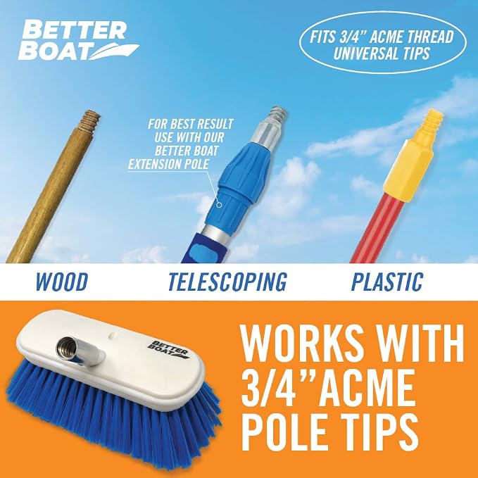 Medium Boat Deck Brush, Heavy-Duty Marine Brush Head, 8" Bristle with Bumper, 3/4" Thread Handle, for RV, Truck, and Auto Cleaning